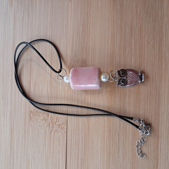 Pink and Silver Owl Pendant Necklace with Pearl - Picture 7 of 7